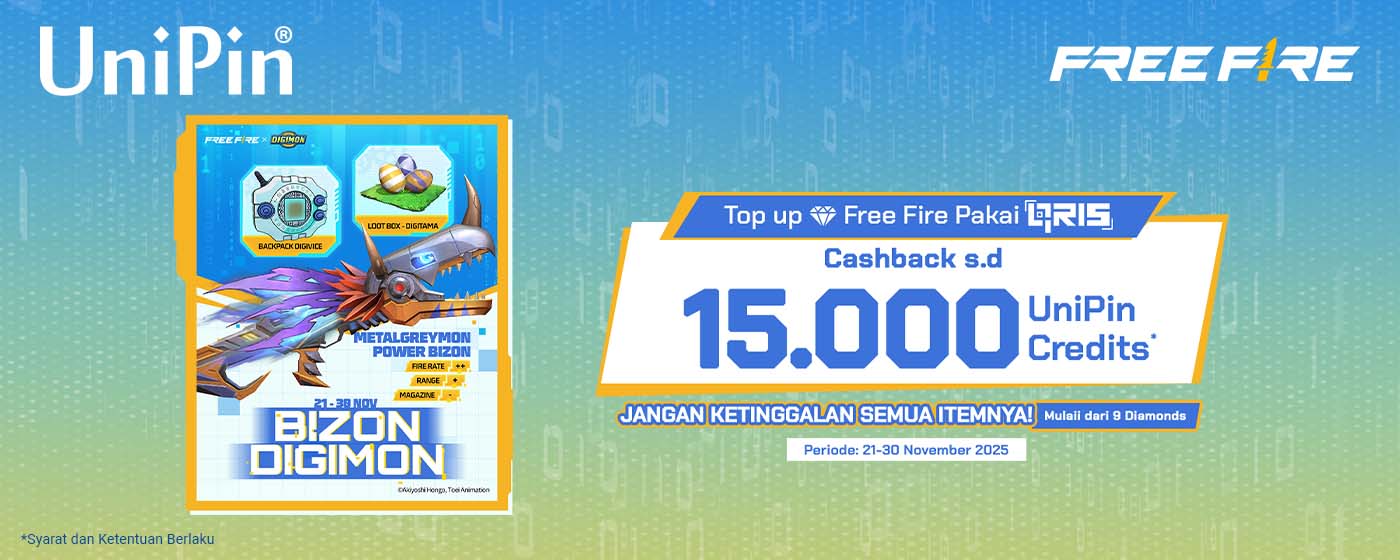 Top Up Diamonds Free Fire dan dapatkan Bizon Digimon! Bayar pakai QRIS, dapat cashback s/d 15.000 UniPin Credits di UniPin!